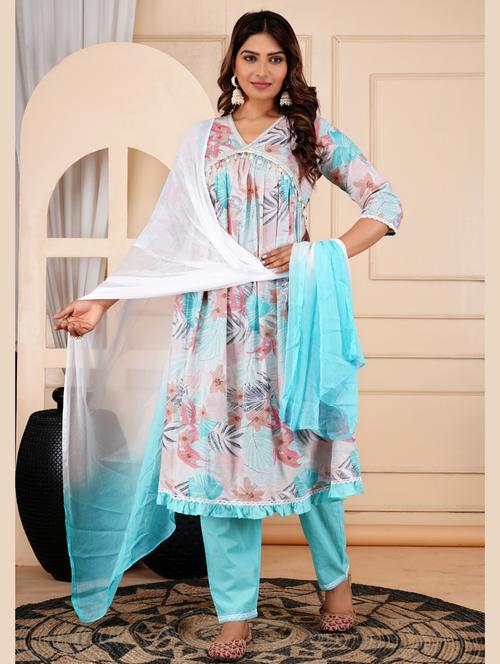 women floral three quarter sleeve kurta pant with dupatta set - 22303174 - Very Small Image - 1