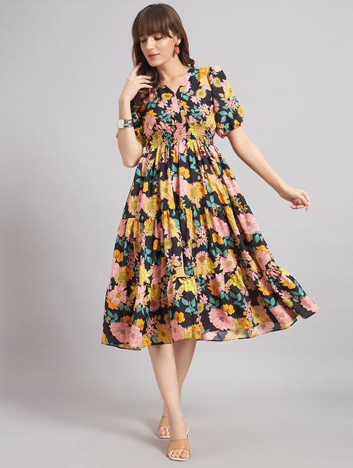 women printed puff sleeve tiered dress - 22309554 - Very Small Image - 1