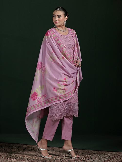 women solid with work three quarter sleeve kurta pant with dupatta set - 22324151 - Very Small Image - 1