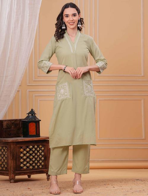 women solid with work v neck kurta pant set - 22332246 - Very Small Image - 1