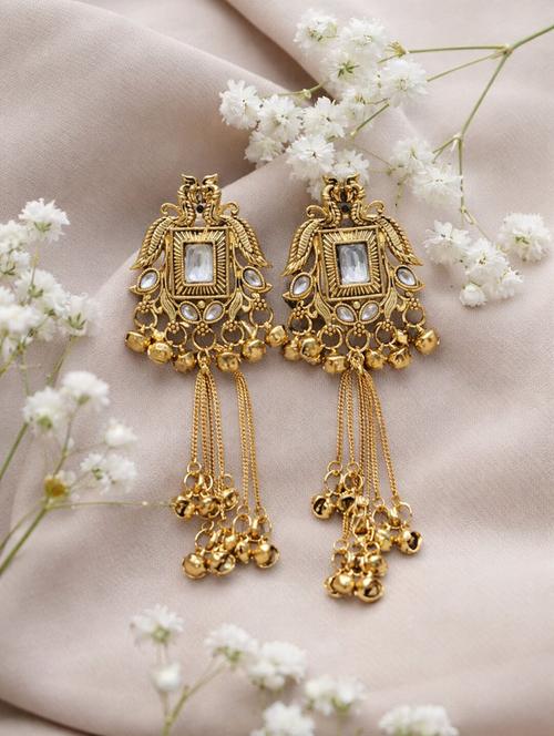 kashmiri gold plated long drop earrings with kundan & ghungroo work - 22346620 - Very Small Image - 1