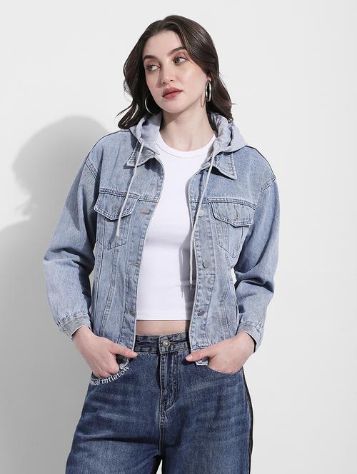 women solid long sleeve hooded denim jacket - 22363308 - Very Small Image - 1