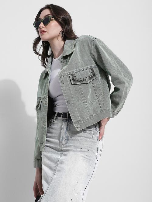 Women Solid Long Sleeve Denim Jacket - 22363309 - Very Small Image - 1