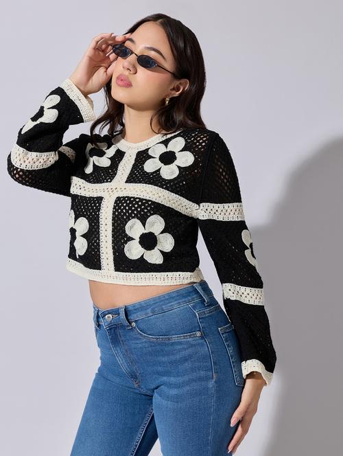 Women Self Designed Sheer Crochet Top - 22363441 - Very Small Image - 1