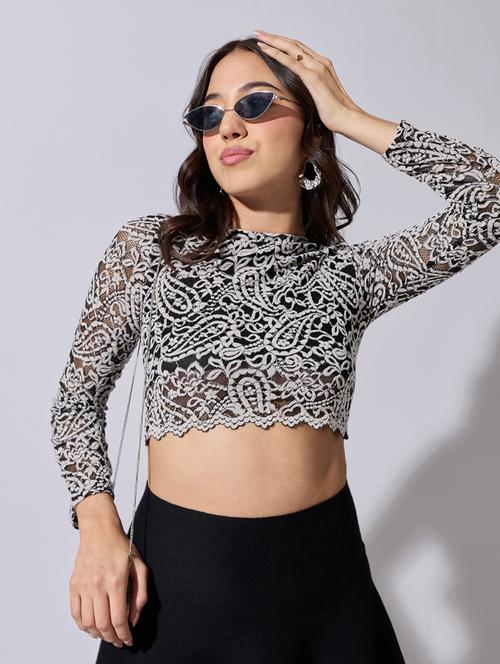 women self designed long sleeve lace crop top - 22363474 - Very Small Image - 1