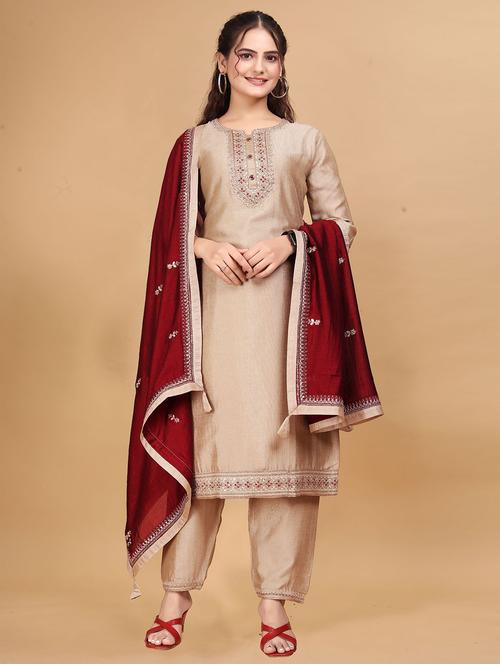 women solid with work three quarter sleeve kurta pant with dupatta set - 22379456 - Very Small Image - 1