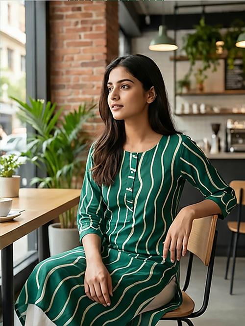 Women Printed Three Quarter Sleeves Straight Kurta - 22379672 - Very Small Image - 1