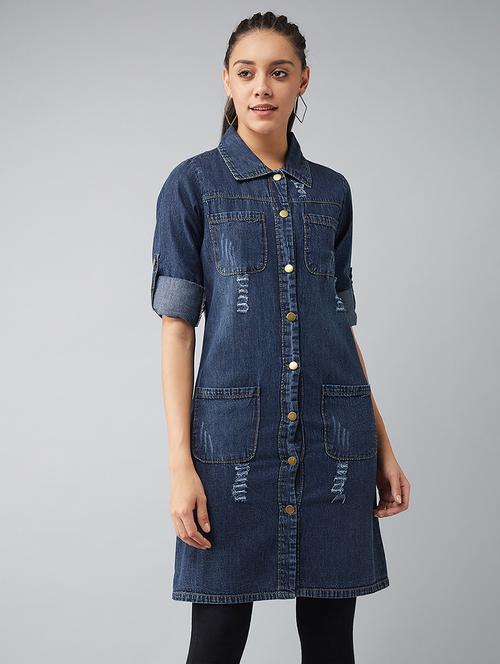 Women Distressed Roll-up Sleeve Long Denim Jacket - 22385253 - Very Small Image - 1