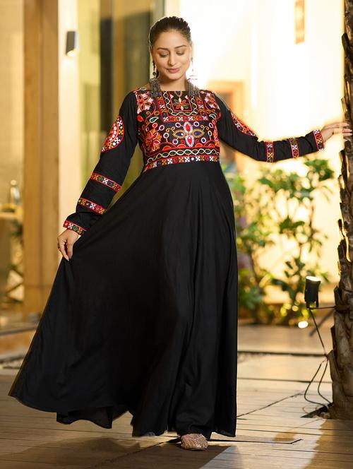 women solid with work long sleeve flared kurta - 22389742 - Very Small Image - 1