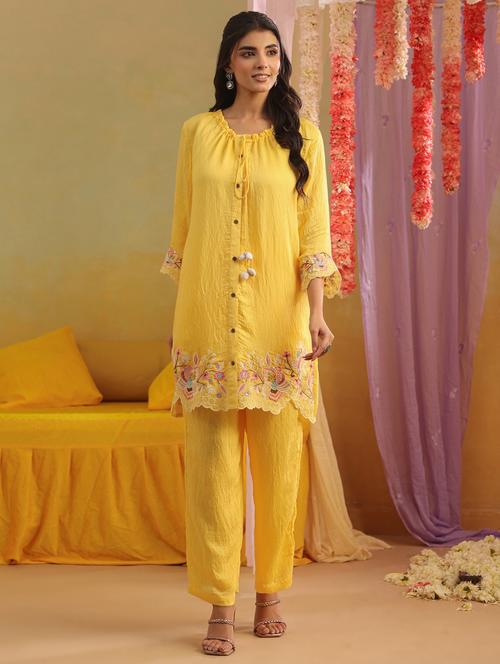 Women Solid With Work Three Quarter Sleeve Ethnic Co-ord Set - 22390146 - Very Small Image - 1