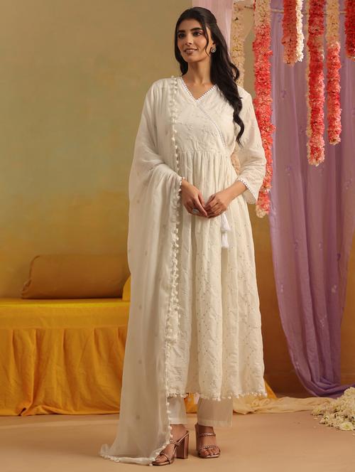 Women Solid With Work Three Quarter Sleeve Kurta Pant With Dupatta Set - 22390161 - Very Small Image - 1