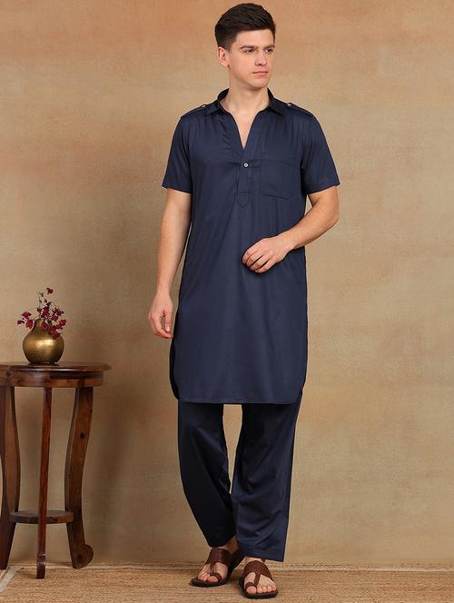 Men Solid Short Sleeve Pathani Ethnic Wear Set - 22391717 - Very Small Image - 1