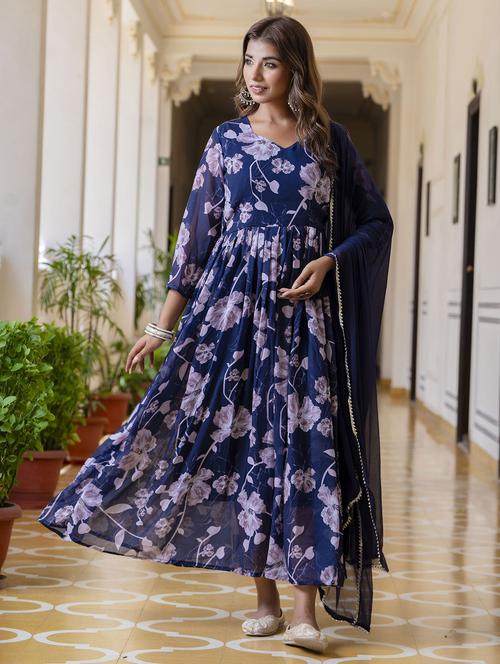 women floral three quarter sleeve kurta dupatta set - 22392996 - Very Small Image - 1