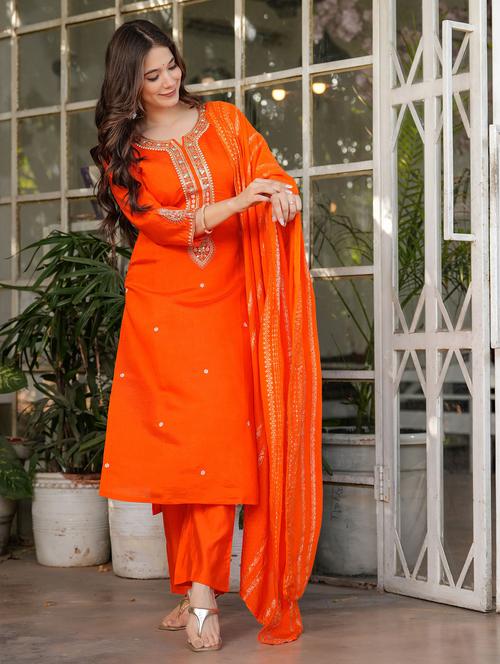 Women Solid With Work Three Quarter Sleeve Kurta Pant With Dupatta Set - 22393119 - Very Small Image - 1