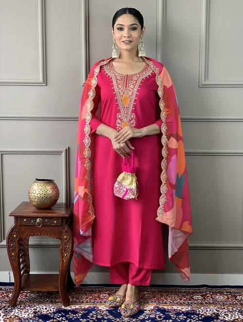 women solid with work three quarter sleeve kurta pant with dupatta set - 22393136 - Very Small Image - 1