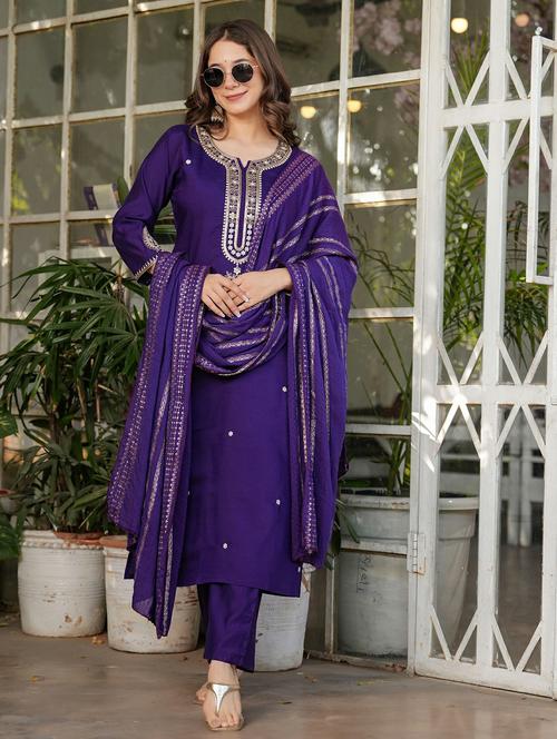 women solid with work three quarter sleeve kurta pant with dupatta set - 22393404 - Very Small Image - 1
