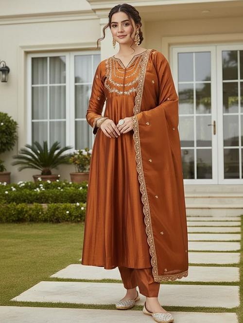 Women Solid With Work Long Sleeve Kurta Pant With Dupatta Set - 22393544 - Very Small Image - 1