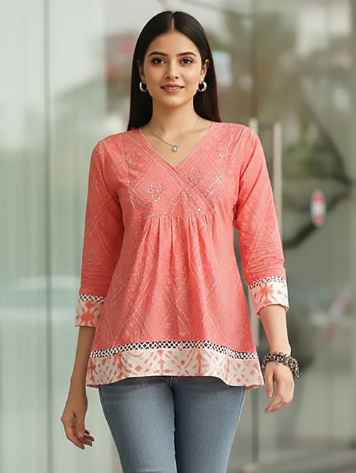 Women Peach Cotton Straight Kurti - 22456084 - Very Small Image - 1