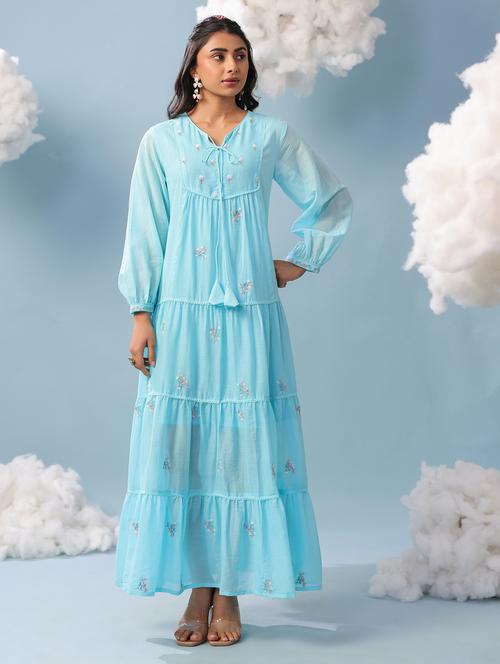 Women Aqua Blue Cotton Tiered Dress - 22456368 - Very Small Image - 1