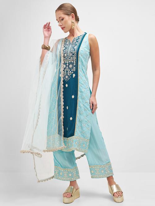 Women Teal Kurta Palazzo Set Set - 22471462 - Very Small Image - 1