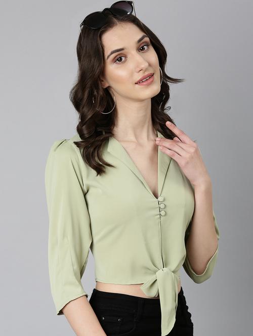 women solid shirt collar crop top - 22505004 - Very Small Image - 1