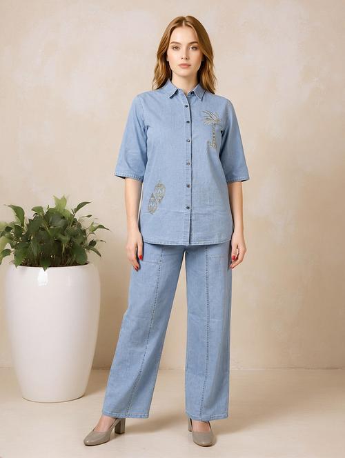 women embroidered collared shirt and trouser co-ord set - 22513455 - Very Small Image - 1