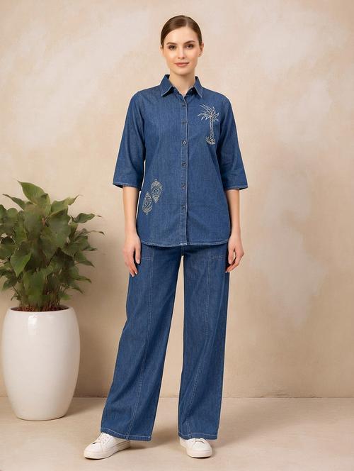 women embroidered short sleeves shirt and trouser co-ord set - 22513456 - Very Small Image - 1