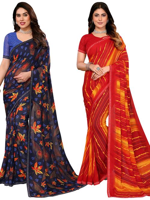 Women Pack Of 2 Printed Combo Saree With Blouse - 22602127 - Very Small Image - 1