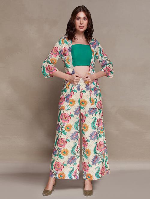 women printed three quarter sleeves top and trouser co-ord set with shrug - 22610753 - Very Small Image - 1