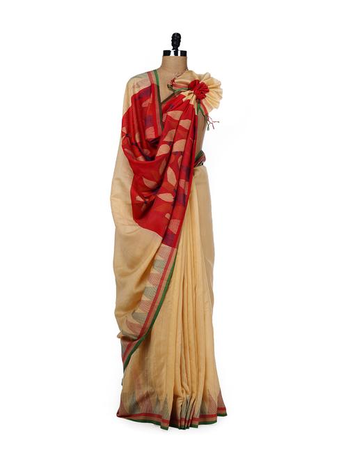 traditional beige & red silk saree - 24388 - Very Small Image - 1