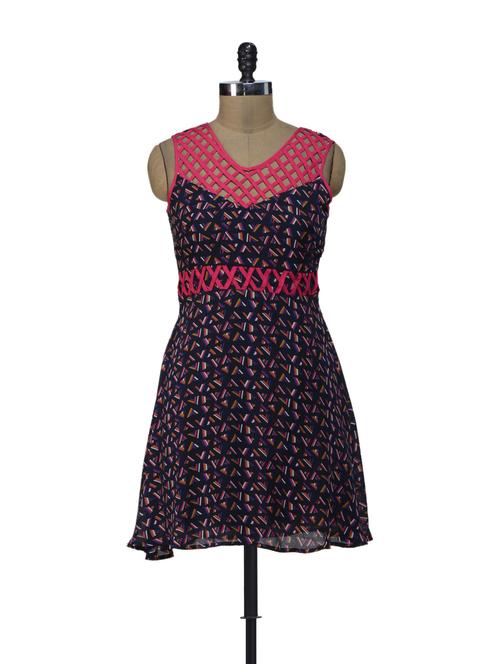 Printed Hot Pink And Navy Blue Dress - 41541 - Very Small Image - 1