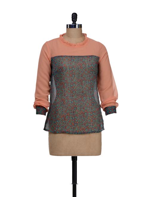 Printed Peach Sheer Top With Ruffled Round Neck - 56405 - Very Small Image - 1