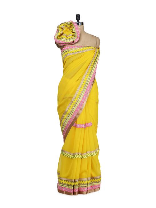 bright yellow and pink saree - 60912 - Very Small Image - 1