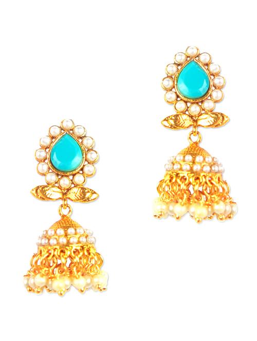 turquoise-gold jhumkas - 73374 - Very Small Image - 1