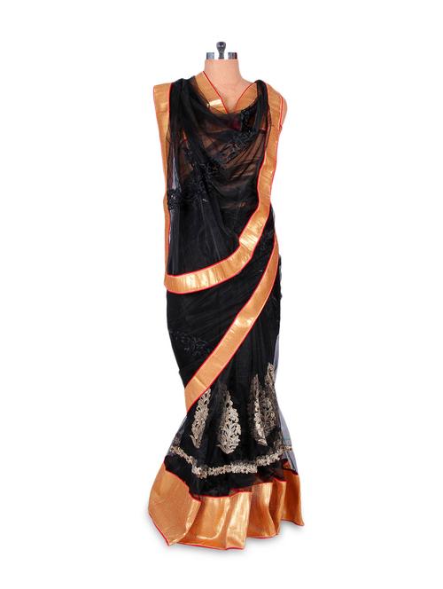 Black Net Saree With Gold Border - 74375 - Very Small Image - 1