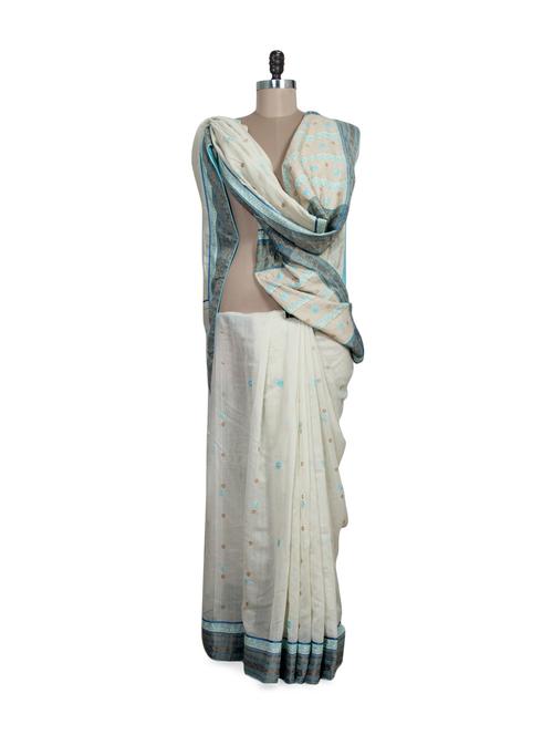 Off-White Chikankari Saree - 81051 - Very Small Image - 1