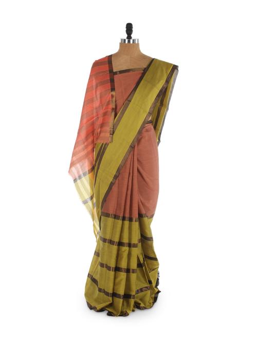 Green-peach color cotton blend handloom saree - 851618 - Very Small Image - 1