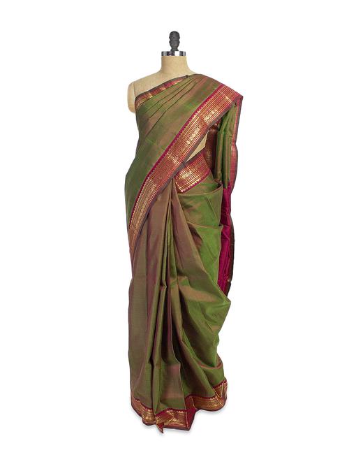 shiny green saree with zari border - 851786 - Very Small Image - 1
