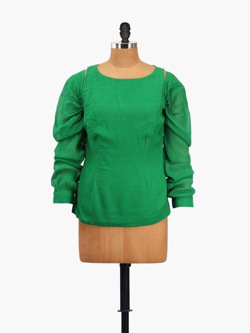 ruched sleeved green georgette top - 87908 - Very Small Image - 1