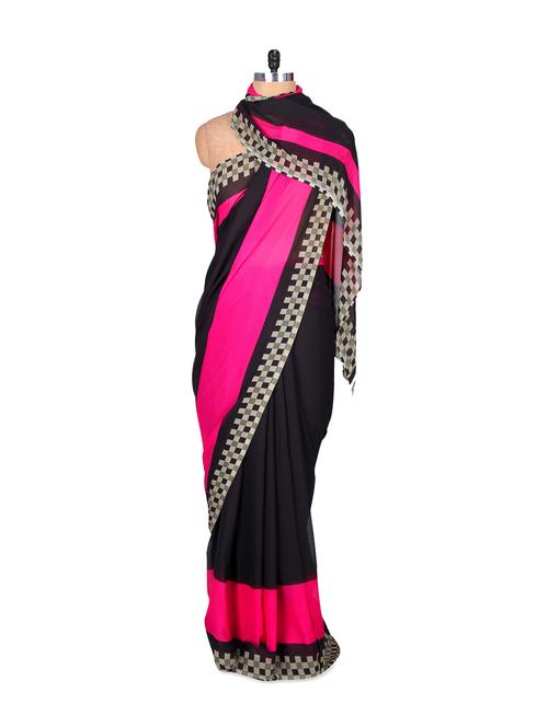 black and pink faux georgette saree - 88532 - Very Small Image - 1