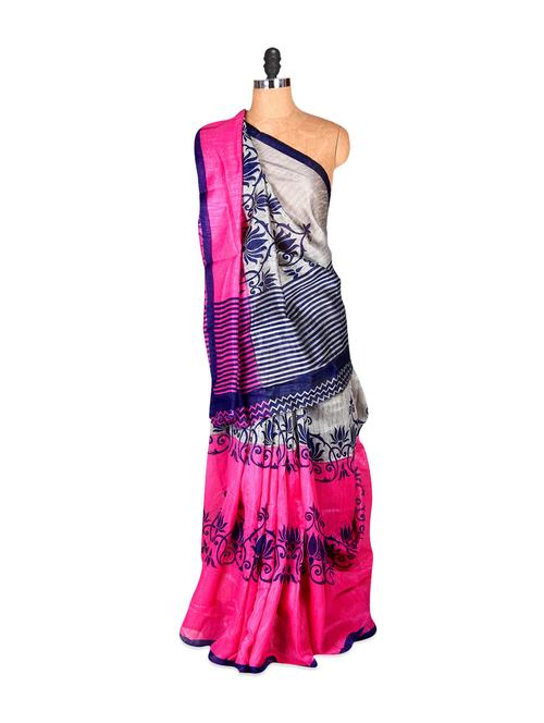 bright pink and blue printed saree - 885956 - Very Small Image - 1