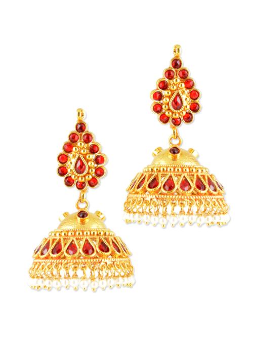 gold jhumkas with red stones - 887049 - Very Small Image - 1