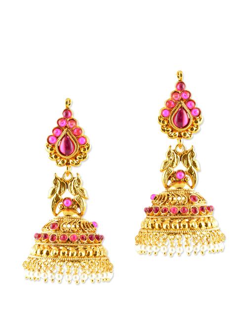 ethnic jhumkas with pink stones - 887067 - Very Small Image - 1