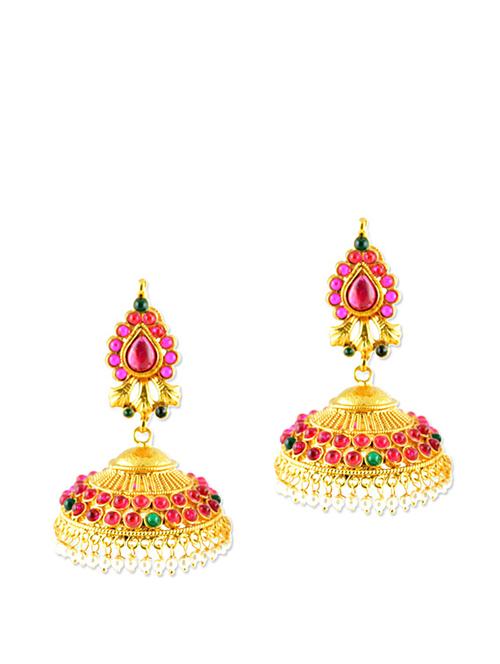 faux pearl jhumkas with pink stones - 887096 - Very Small Image - 1