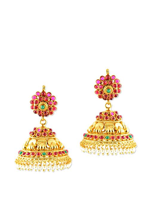 festive gold jhumkas with pink stones - 887107 - Very Small Image - 1
