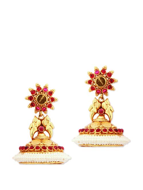 gold conical jhumkas with magenta beads - 887156 - Very Small Image - 1