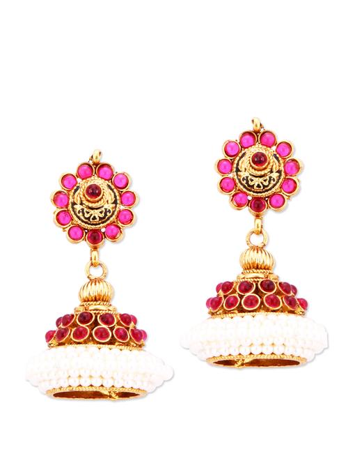 traditional gold jhumkas with beads and faux pearls - 887231 - Very Small Image - 1