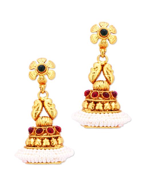 traditional gold jhumkas with beads and faux pearls - 887239 - Very Small Image - 1