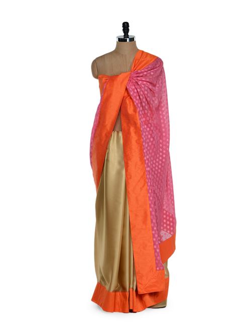 stylish and elegant half and half pink and beige saree in georgette and net - 894038 - Very Small Image - 1