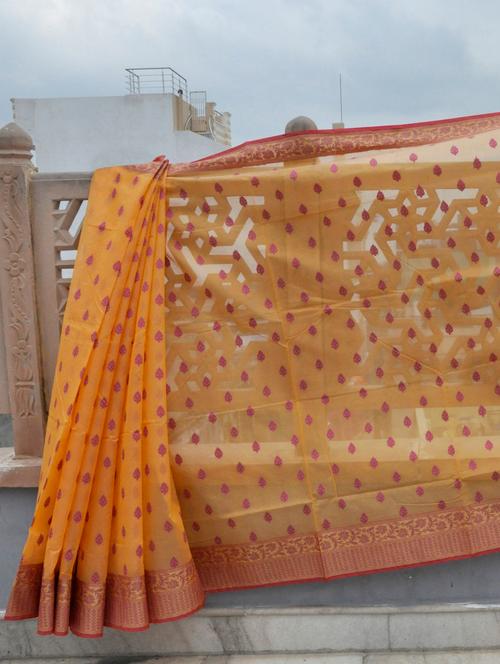 leaf print cotton banaras saree - 896082 - Very Small Image - 1